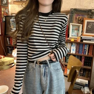 Y2k Corset Striped Long Sleeves T-Shirt Women O-neck Contrast Color New Crop Top Casual Slim Kpop Tee TShirt Woman Clothing
